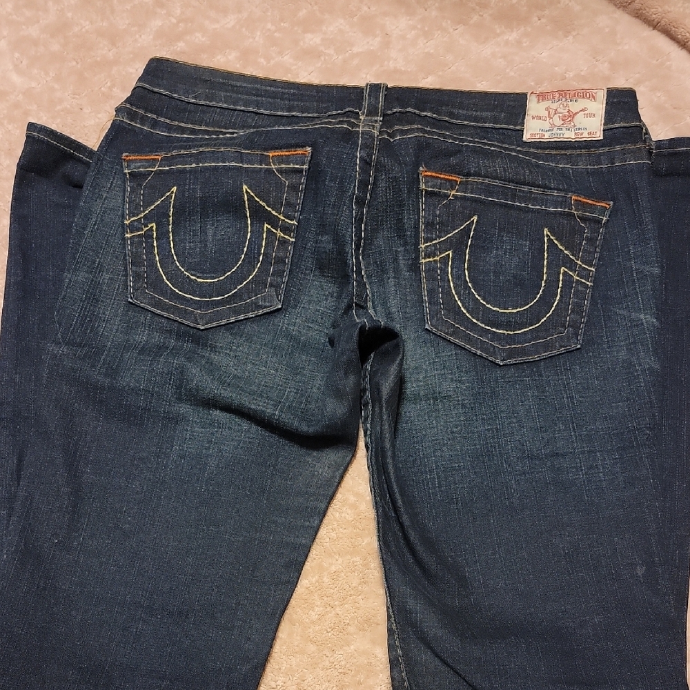 True Religion Blue Boot Cut Jeans with Signature Stitching